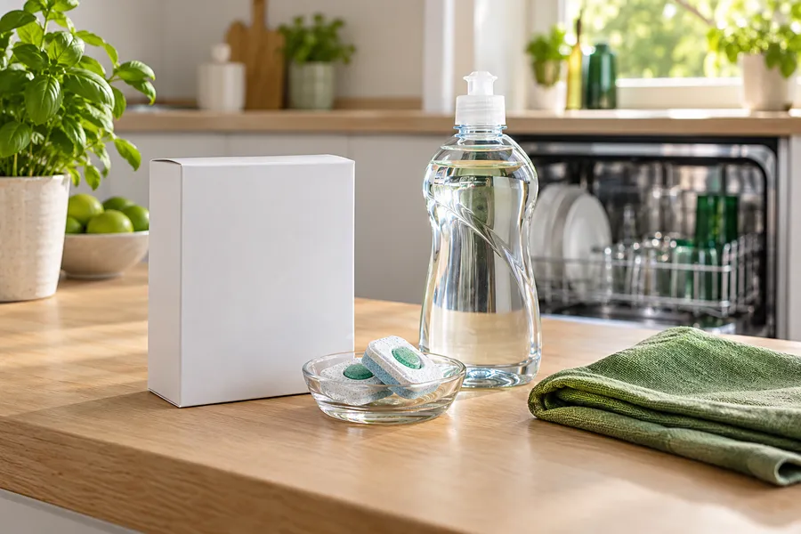 Unbranded dishwasher care products arranged on an oak counter