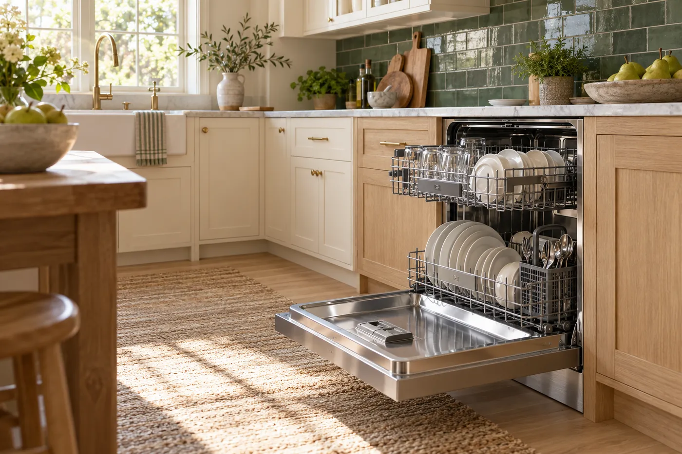 Open dishwasher with plates and glasses in a sunlit green-and-oak kitchen