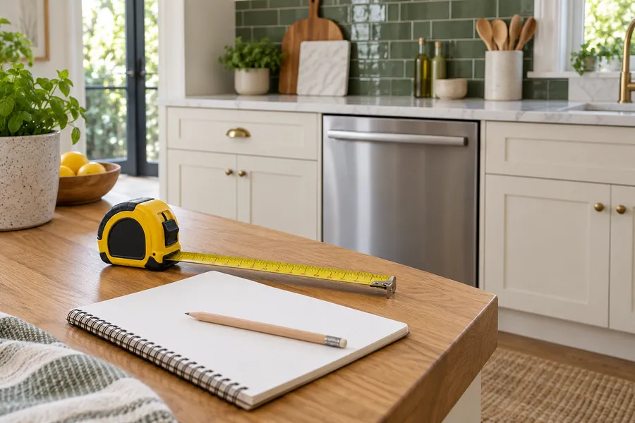 Measuring tape and notebook beside a dishwasher