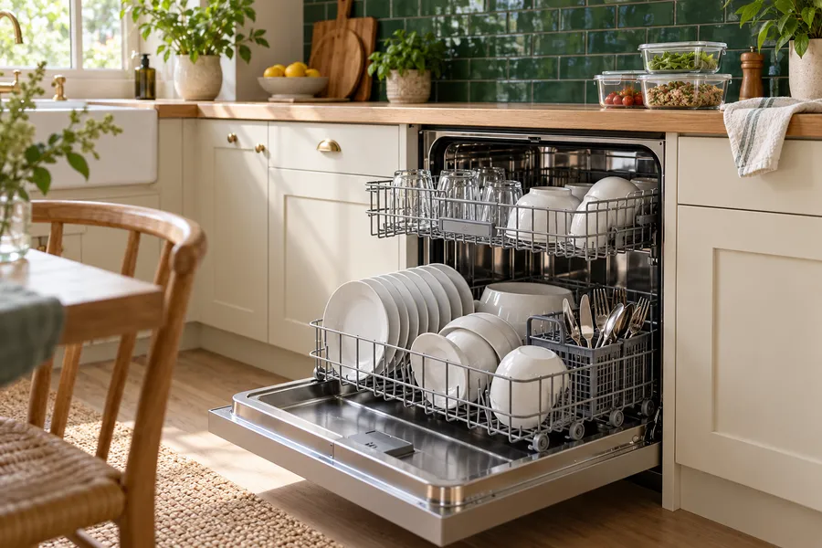 Plates, glasses and food containers in a bright kitchen